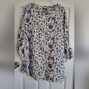 Tahari 100% Linen Women's Blue Floral Button-Front Tunic Top , Size 2X